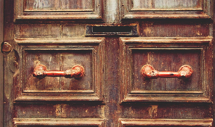 bruin, houten, deur, hout, mail slot, handvat, Vintage