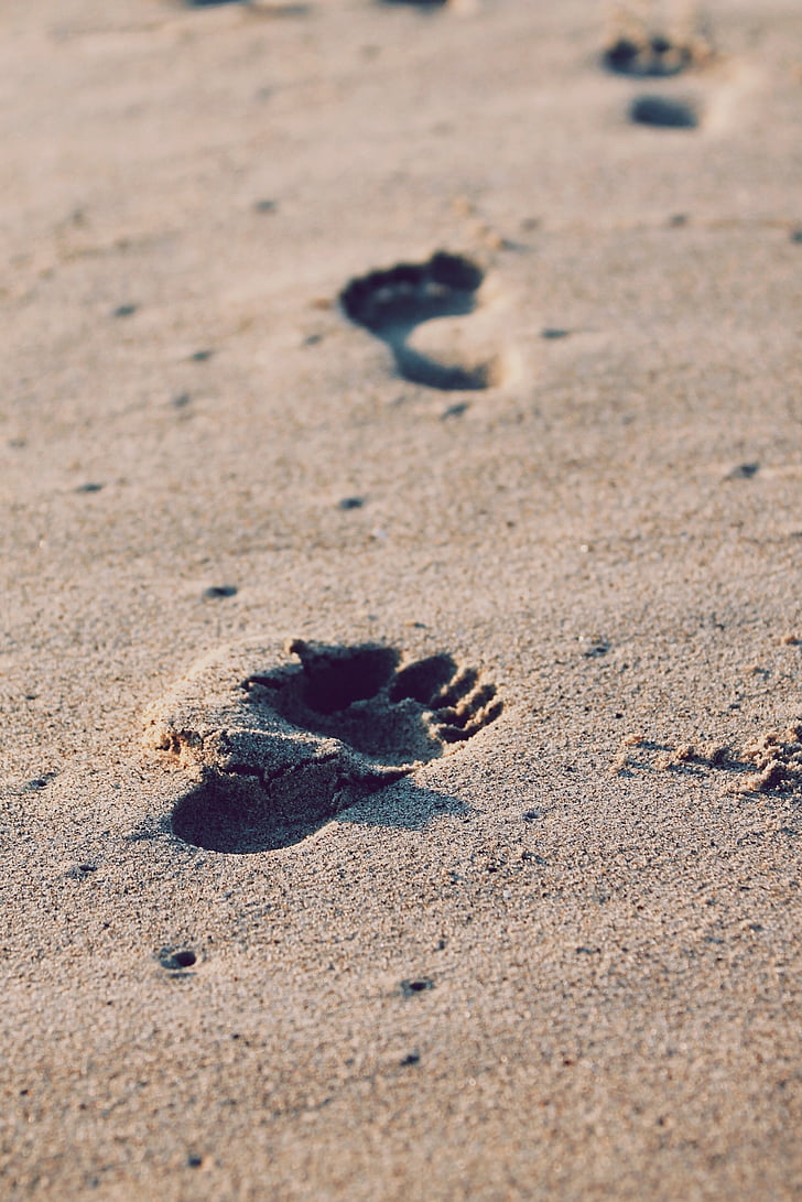 footprints, sand, beach, tracks, barefeet, walking, footprint
