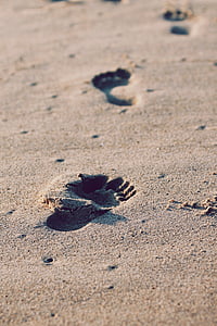 voetafdrukken, zand, strand, tracks, barefeet, wandelen, voetafdruk
