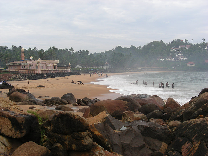 stranden, India, menneskelige, dekket himmelen