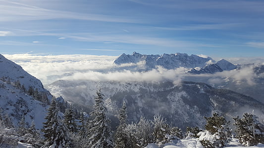 montañas, nubes, Austria, Tirol, Alpine, nieve, paisaje