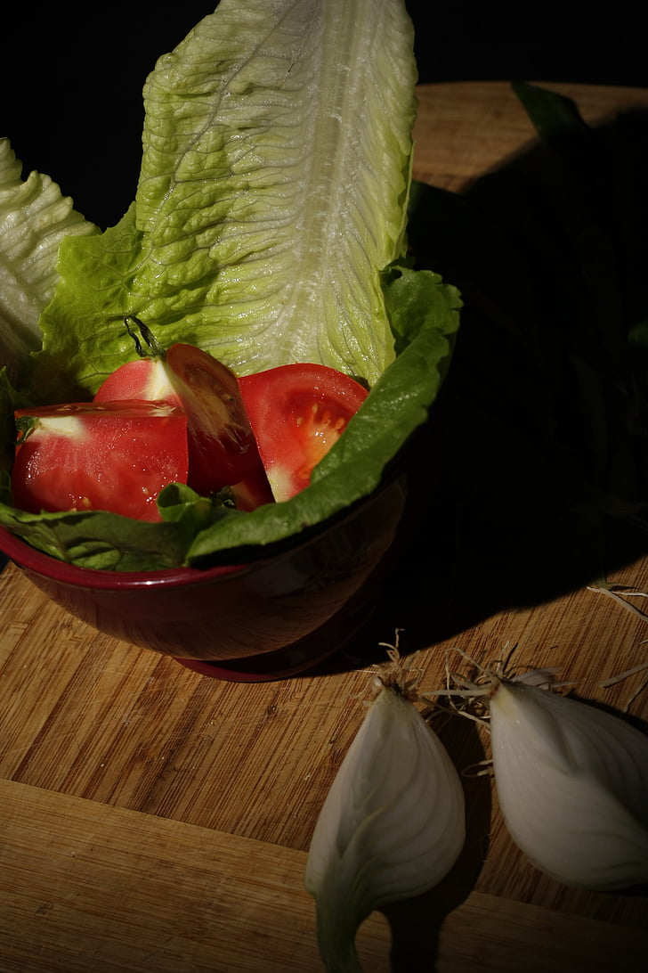 hrana, zelena salata, rajčica, luk, mrtva priroda, zdjela, Tablica