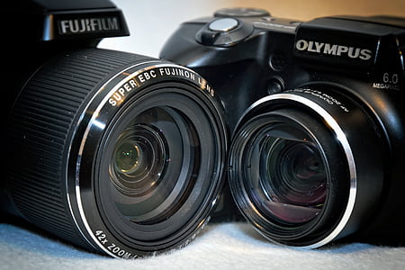 fotoaparáty, objektivy, detaily, zvětšení, pták olympus, optika, sklo