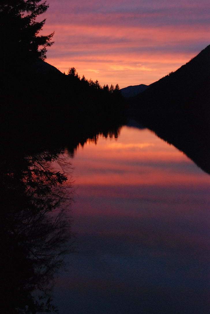 posta de sol, mitja lluna llac, paisatge, escèniques, siluetes, reflexió, l'aigua