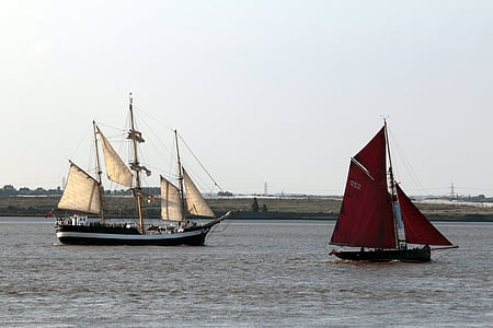 sailboats, ship, sails, lanyards, river, water, sea