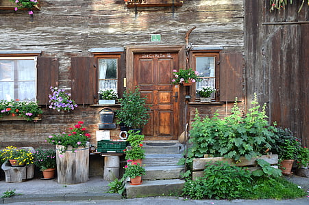 architecture, door, flowers, house, plants, rustic, windows