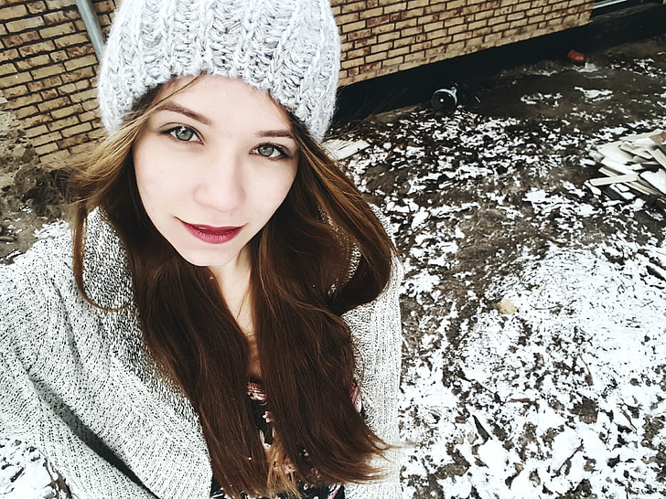 meisje, sneeuw, grijs, wol