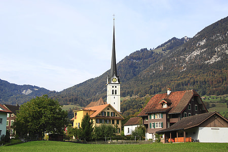 switzerland, lucerne, building, spire, church, tower, mountain