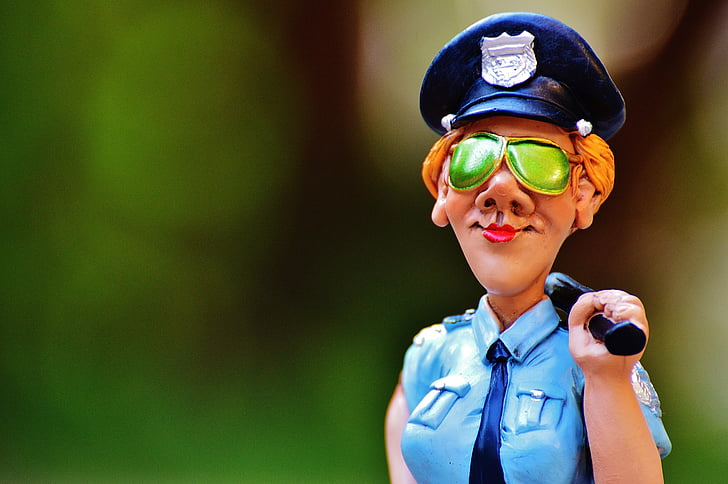 Policjantka, juokingas, paveikslas, policijos, vaikas, šypsosi, lauke