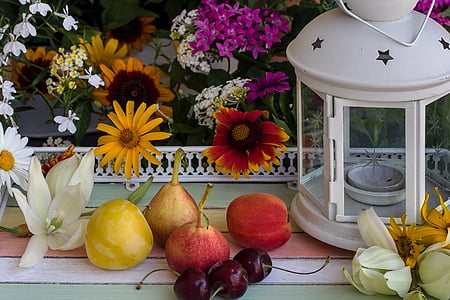 still life, flowers, fruit, pears, cherries, lamp, deco