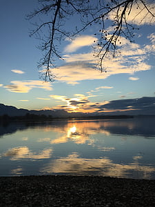 Jezioro, cisza, zachód słońca, Niemcy, refleksje