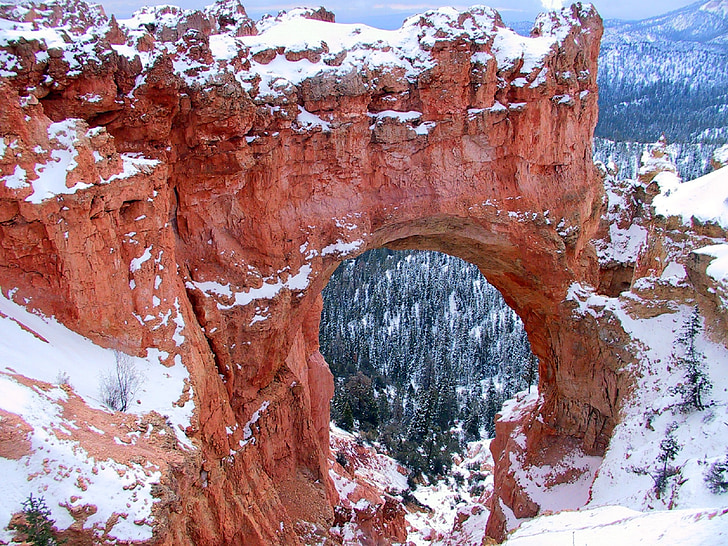 arch, natural bridge, winter, snow, erosion, scenic, scenery