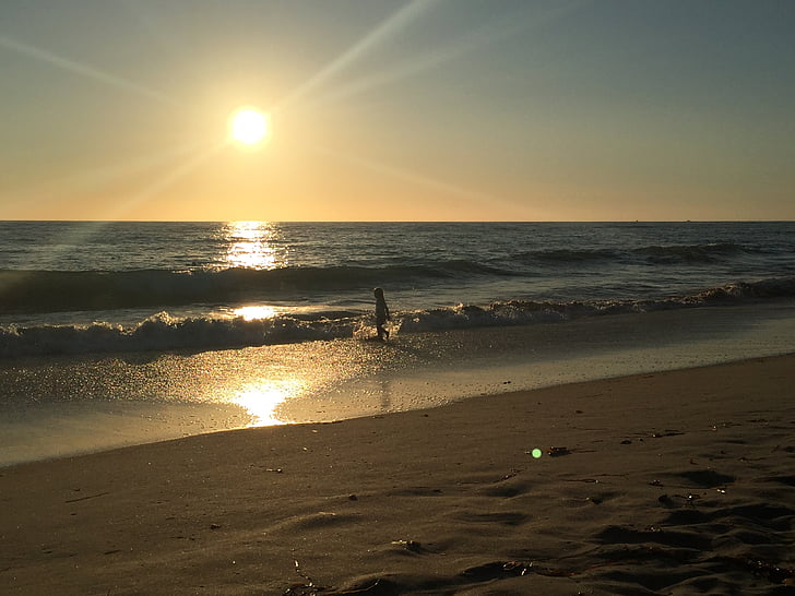 Playa, puesta de sol, California, niño, silueta, noche