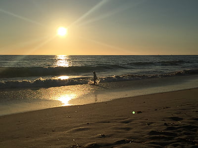 pludmale, saulriets, California, bērnu, siluets, vakarā