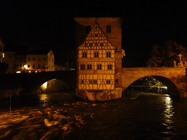 grad, Bamberg, arhitektura, noć fotografija, krovište, zgrada, noć