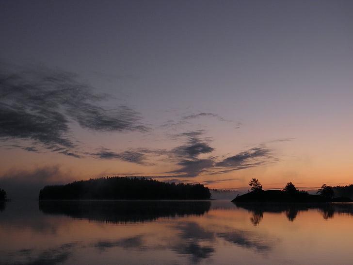 finski, Savonlinna, Saimaa, vode, jezero, izlazak sunca, na jutarnjem nebu