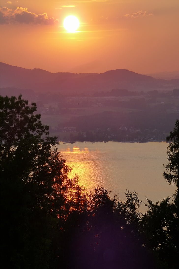 solnedgång, bergen, Attersee, abendstimmung, sjön