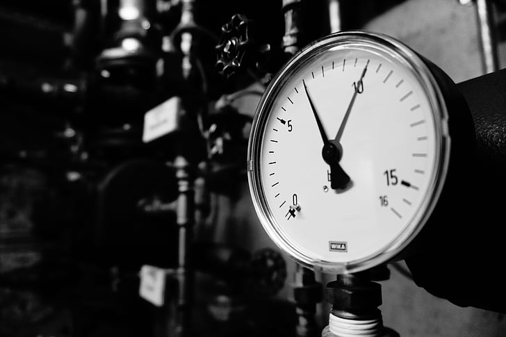 pressure gauge, gauge, pressure, water, clock, time, indoors