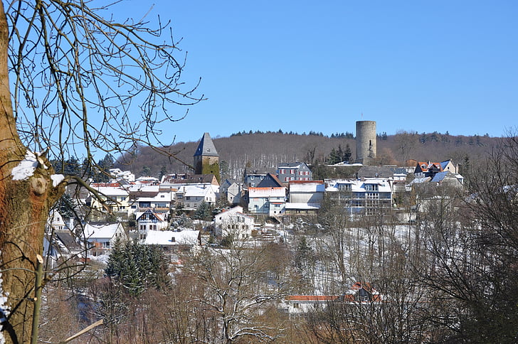 altweilnau, Castle, näkymä, Village, Saksa, talvi, rakennukset