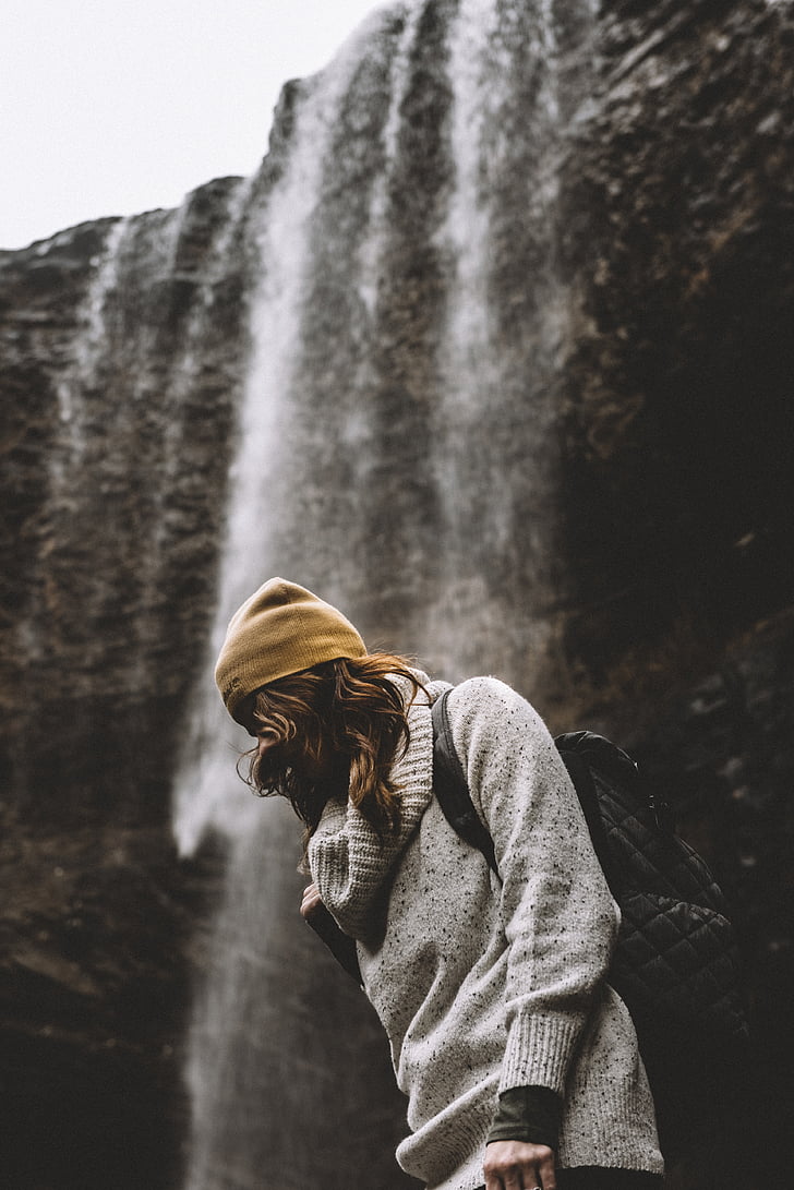 woman, gray, sweater, front, waterfalls, daytime, people