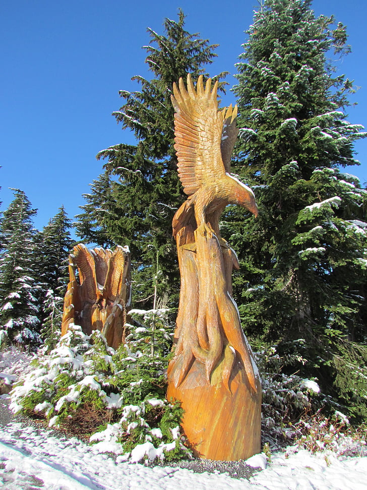 Grouse mountain, Kanada, Vancouver, śnieg, posąg, Rzeźba, góry