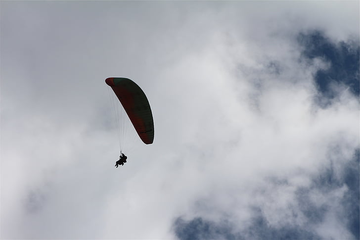 man, gliding, parachute, paragliding, sky, clouds, flying