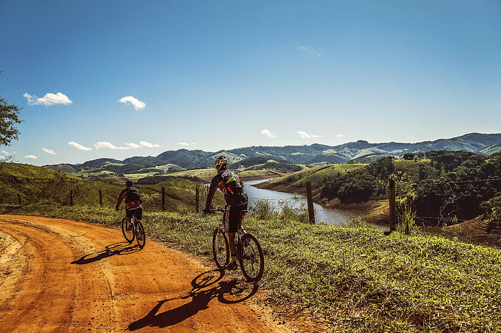 aventura, ciclistes, bicicletes, Ciclisme, ciclistes, camí de terra, paisatge