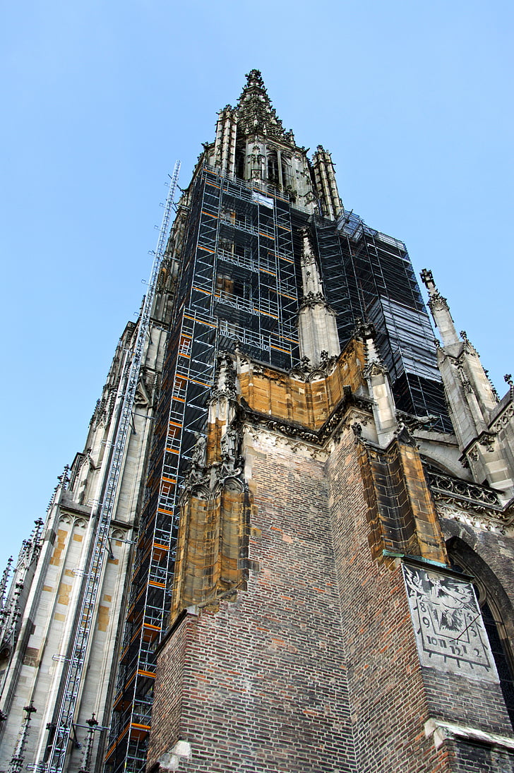 architecture, gothic, ulm, ulm cathedral, site, scaffolding, height