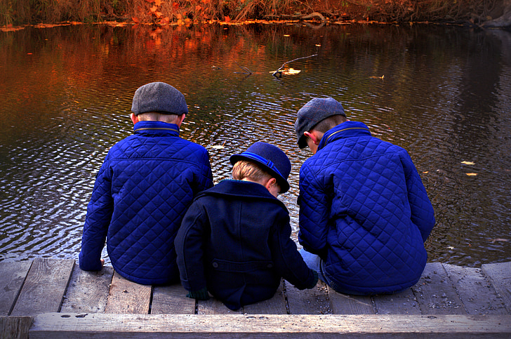 boys, autumn, fall, river, nature, blue, happiness