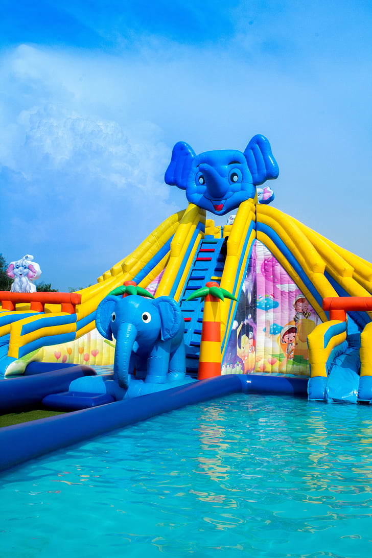 the swimming pool, water park, waterslide, amusement park, elephant, water, outdoors