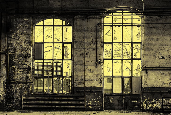 Прозорец, фабрика, загубени места, фасада, разбити, стъкло, полупрозрачни