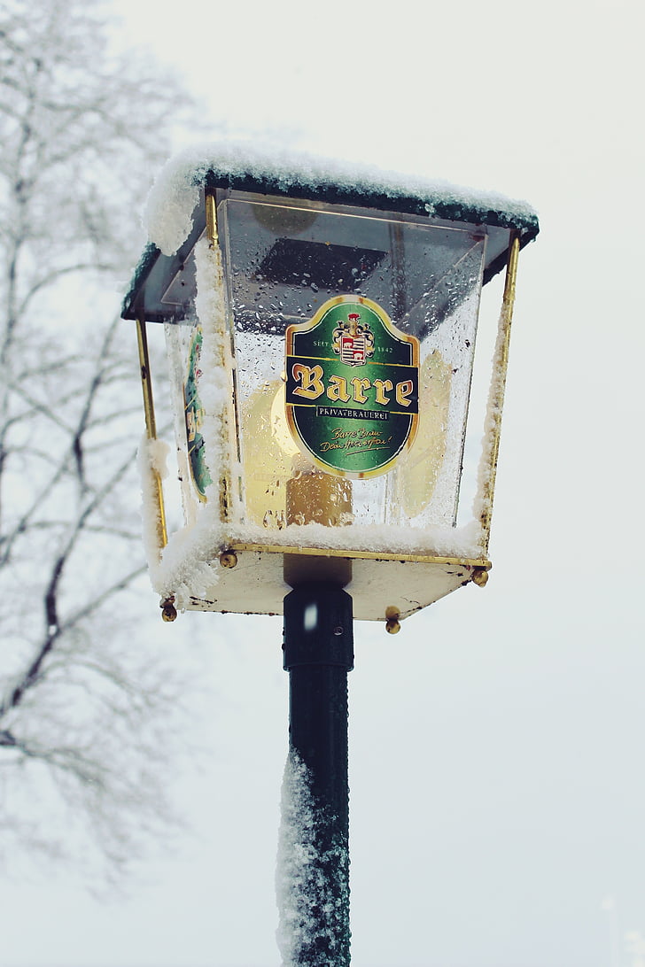 lantern, pub, light, snow, snowfall, snowy, winter