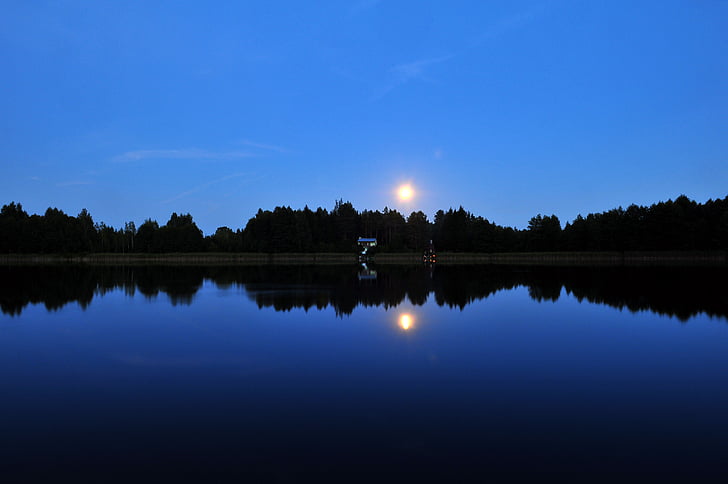 calm, lake, landscape, moon, nature, reflection, river