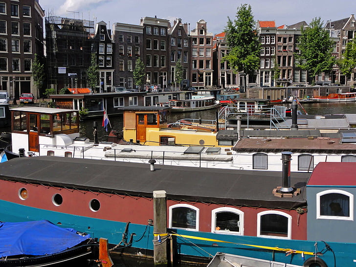 Amsterdam, Holandia, łodzie, statki, budynki, Architektura, wody