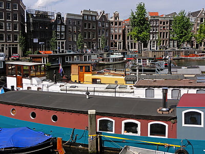 Amsterdam, Nederland, båter, skip, bygninger, arkitektur, vann