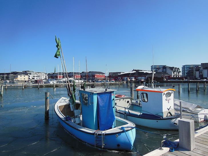hamn, Marina, hamnen, fiskebåtar, fiske, blå, vit