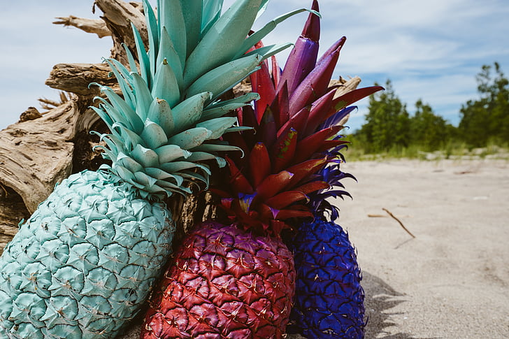 pludmale, krāsains, krāsainiem, pārtika, augļi, ārpus telpām, ananasi
