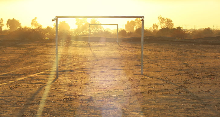 prazan, Ciljevi, nogomet, polje, Irak, na otvorenom, zalazak sunca