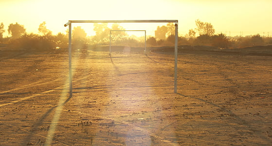 vacío, objetivos, fútbol, campo, Irak, al aire libre, puesta de sol