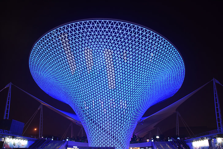 blå tragt, Shanghai, Expo, redegørelsen, blå, monument, moderne kunst