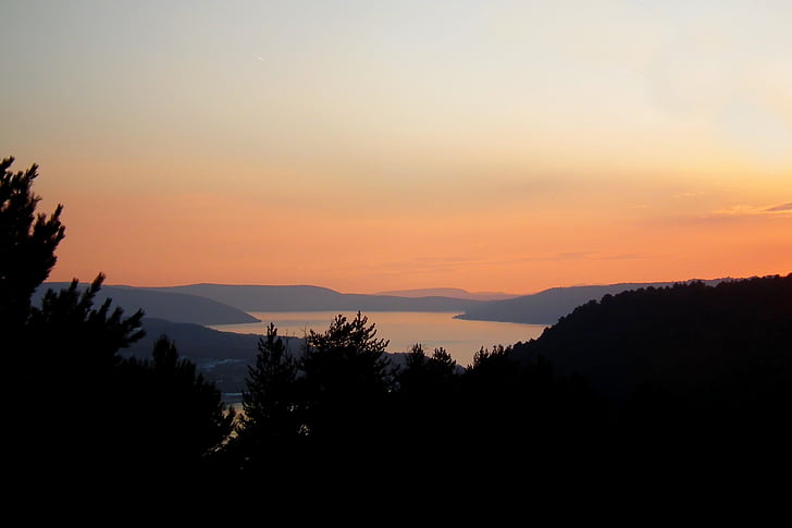 Západ slunce, jezero, krajina, Francie, Příroda, silueta, strom