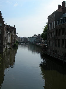 Belgia, kanalen, vann, byen, reise, gamle, bygge
