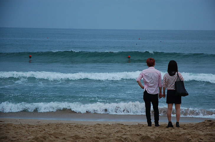 plajă, nisip, mare, Busan, plaja de nisip, frumoase plaje, cuplu