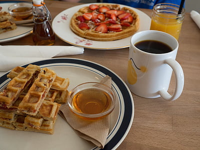 breakfast, waffles, strawberries, coffee, plates, tasty, delicious