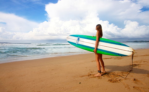 woman, holding, surfing, board, white, standing, seashore