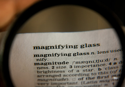 magnifying glass, word, definition, dictionary, text, page, book