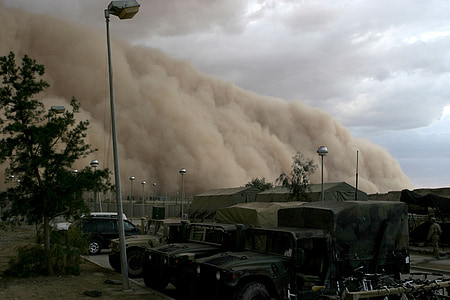 tempesta de sorra, campament militar, desert de, endavant, vent, al khurram, l'Iraq
