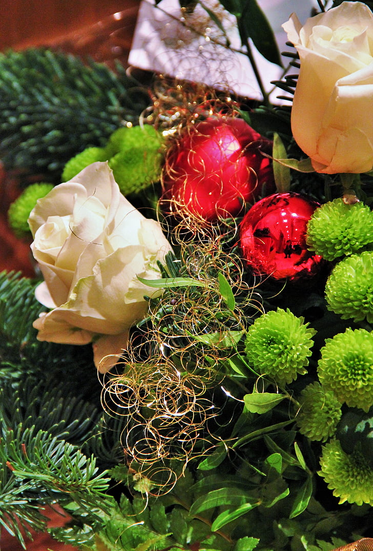 Božić buket, Božić, crvenih kugli, kosa anđela, loptice, dekoracija, vrijeme Božića