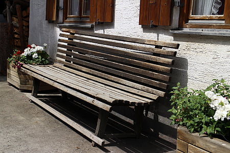 bench, wooden bench, out, bank, sit, home, hauswand