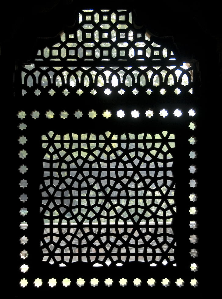 fény, árnyék, ablak, mauzóleum, India, Delhi, humanyun mauzóleum
